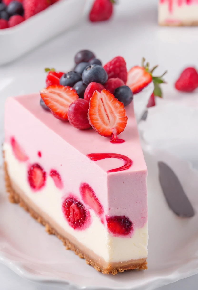 Red fruit cheesecake on a pastry counter; display of berry cheesecake in the confectionery shop; 8k; best photographer in the world; photography for food exhibition; product marketing; delicious cheesecake; maximum reality; perfection from the best confectioner in the world;