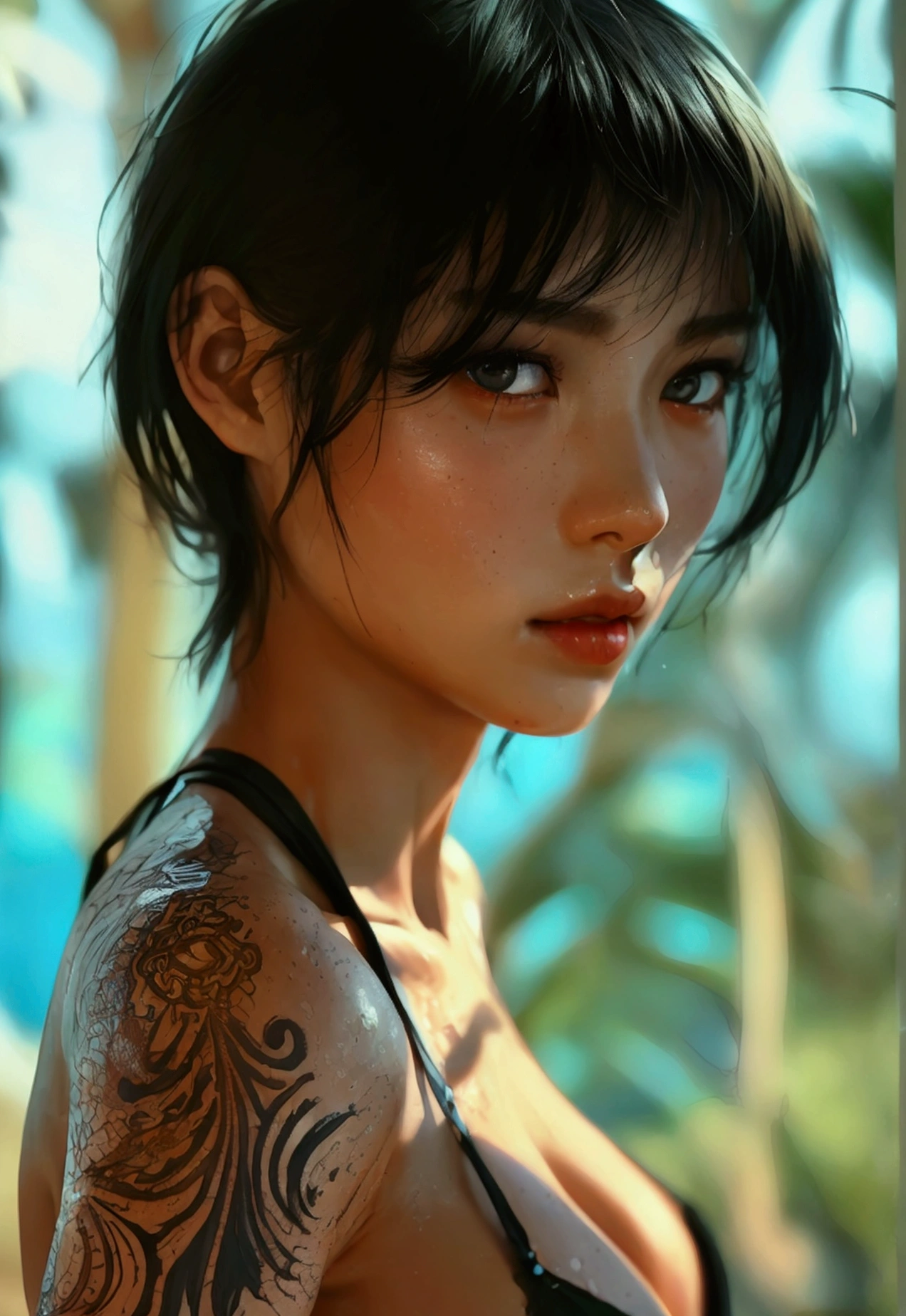 Huang Tingting realistic,fullbody, short black hair, delicate and messy, the scene, delicate skin, detailed body, muscular, thick thigh, wide hips, muscular arms, have many, long tribal tattoo of lines on the ass,bulging veins on the body, veins, muscular veins, abs, thighs thick, blue eyes, natural skin texture, reveals slim abs, skin shines, skin shines, wet skin, soaked, skin shines, oily skin, in the Mediterranean, height contrast, realistic skin, skin pores , intricate details, with black background, high contrast, realistic skin, skin pores, intricate details, RAW photos, bright lips, luscious lips, pretty nose, realistic rendering, immersive atmosphere, light and shadow contrast, light moody, , realistic skin, skin pores, nude naked