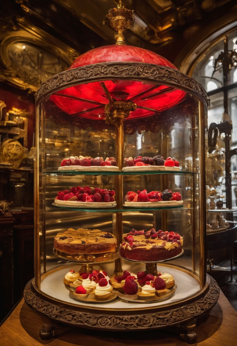 Red fruit cheesecake on a pastry counter; display of berry cheesecake in the confectionery shop; 8k; best photographer in the world; photography for food exhibition; product marketing; delicious cheesecake; maximum reality; perfection from the best confectioner in the world; 