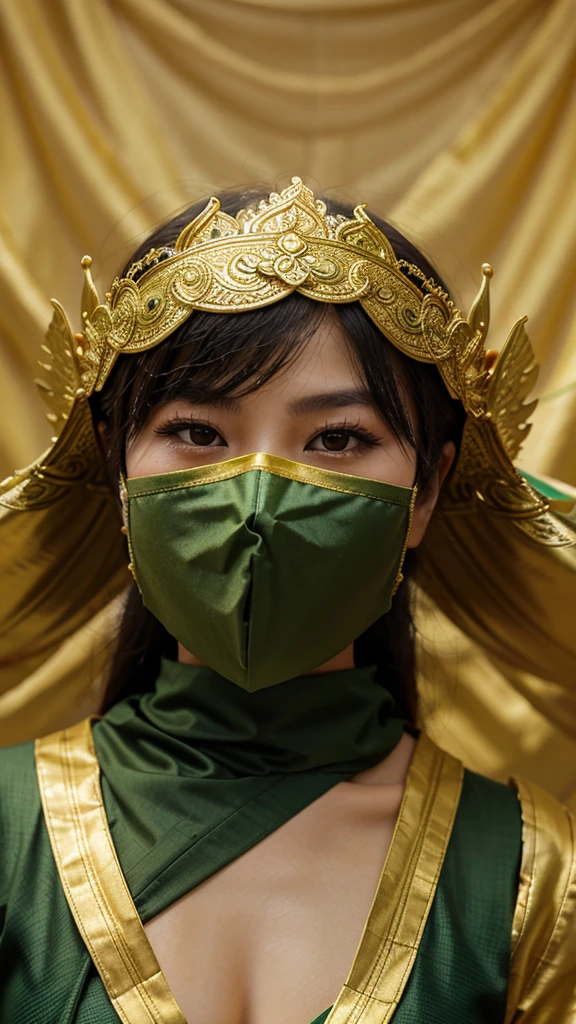 Vertical image, close-up angle,Thai woman in green and gold Thai Khon costume Cunning, charming appearance ,She wore beautiful jewelry.,She holds a giant mask in Thai Khon literature. Same size as a helmet Half her face was covered.,The backdrop is an elegant and delicate Thai pattern.