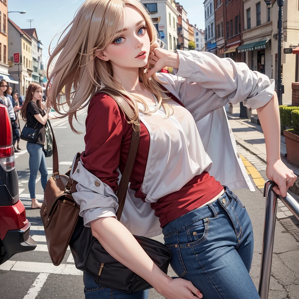 A white skinned girl, chestnut hair, Age 24 years, Decent Clothing, red blouse and gray pants, blue colored eyes, realistic and hd
