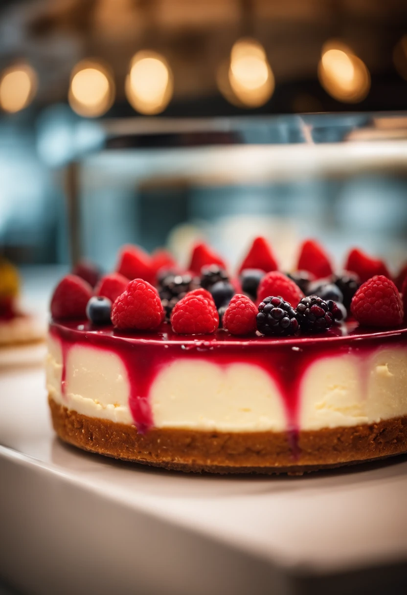 Red fruit cheesecake on a pastry counter; display of berry cheesecake in the confectionery shop; 8k; best photographer in the world; photography for food exhibition; product marketing; delicious cheesecake; maximum reality; perfection from the best confectioner in the world;