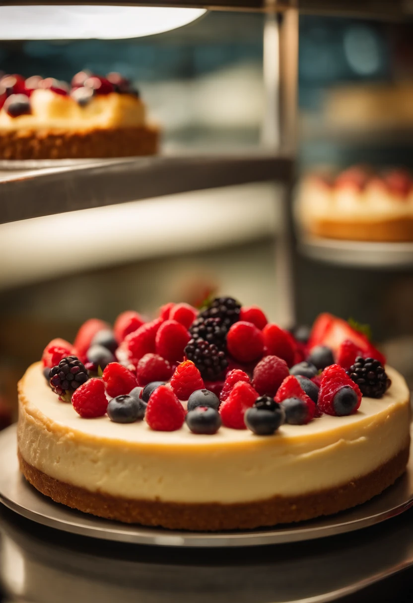 Red fruit cheesecake on a pastry counter; display of berry cheesecake in the confectionery shop; 8k; best photographer in the world; photography for food exhibition; product marketing; delicious cheesecake; maximum reality; perfection from the best confectioner in the world;