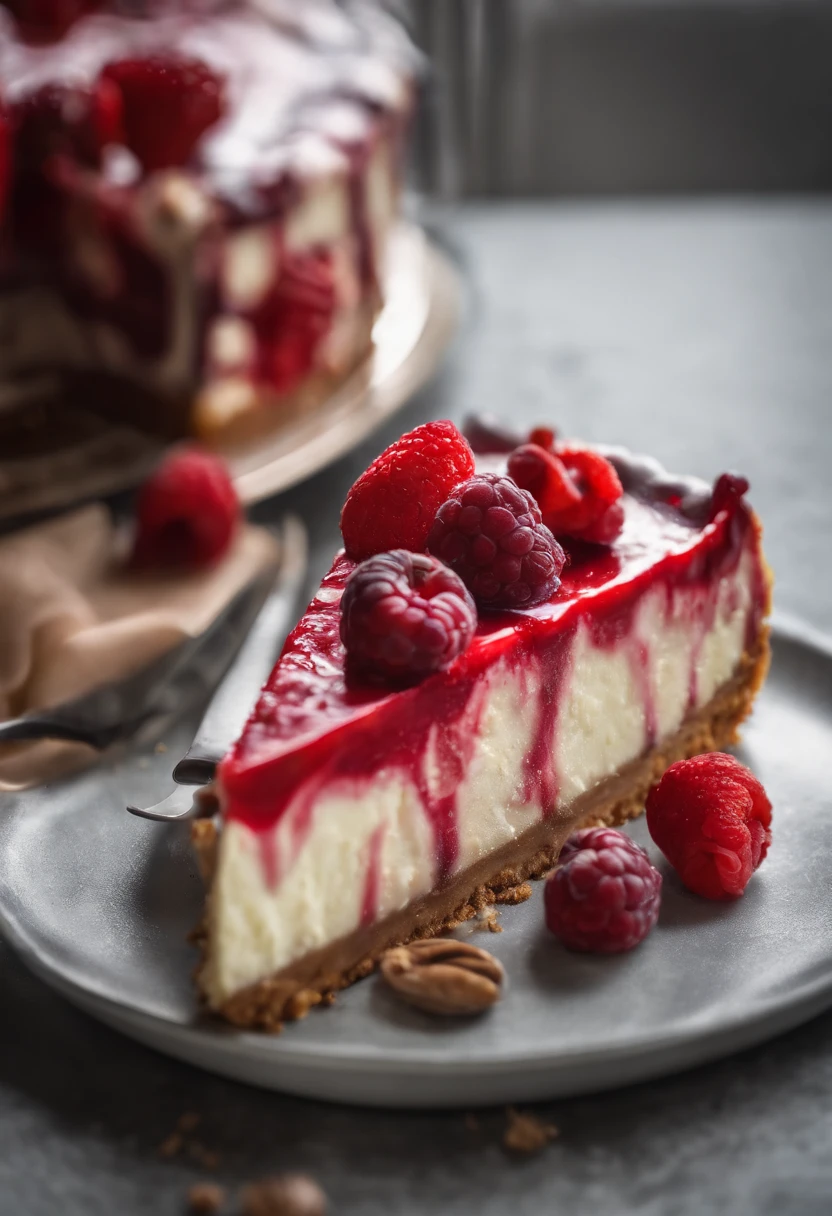 Red fruit cheesecake on a pastry counter; display of berry cheesecake in the confectionery shop; 8k; best photographer in the world; photography for food exhibition; product marketing; delicious cheesecake; maximum reality; perfection from the best confectioner in the world;