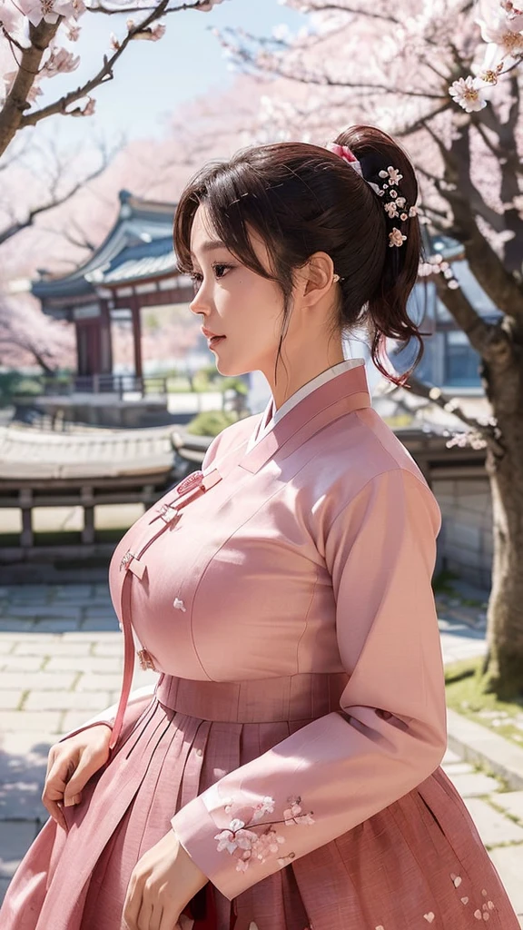 (best quality, 8k, masterpiece: 1.3), ((((((Incredibly huge breasts: 0.8))))), single ponytail, (beautiful face:1.3), Cherry blossoms are in full bloom, full of cherry blossoms, floating cherry blossom petals, very cool, Authentic Korean Hanbok