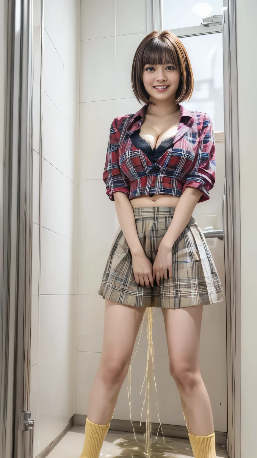 (masterpiece, best quality:1.2), (realistic,photo-realistic:1.4), RAW photo, highres, extremely detailed, intricate details, (full body, from below), solo, 1girl, a ************ japanese women, (fine fabric texture, bra, plaid mini-skirt, bare legs, thighs, socks, loafers:1.2), (huge breasts, cleavage:1.4), dark hair, bowl cut hair, detailed eyes, detailed face, sophisticated nose, fine-textured skin, pale skin, smile, (standing with spread legs wide apart, desperate pose, peeing self, pee stain, urination:1.5), (pee puddle), photo background, indoors, school toilet room, 