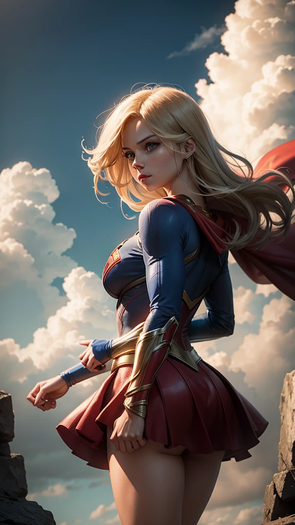 supergirl, dc comics, super heroine, view from behind, clouds