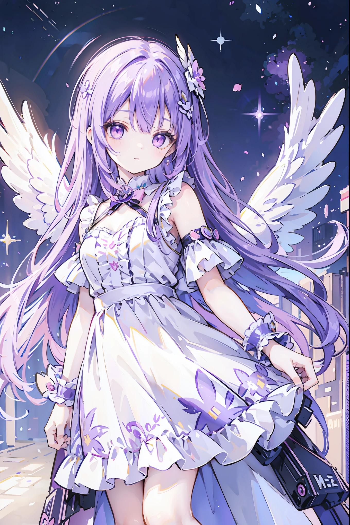 unique wings valkyrie,Long purple hair, flower hair ornament, rainbow-colored bangles, pink eyes, Lolita dress, starry night,