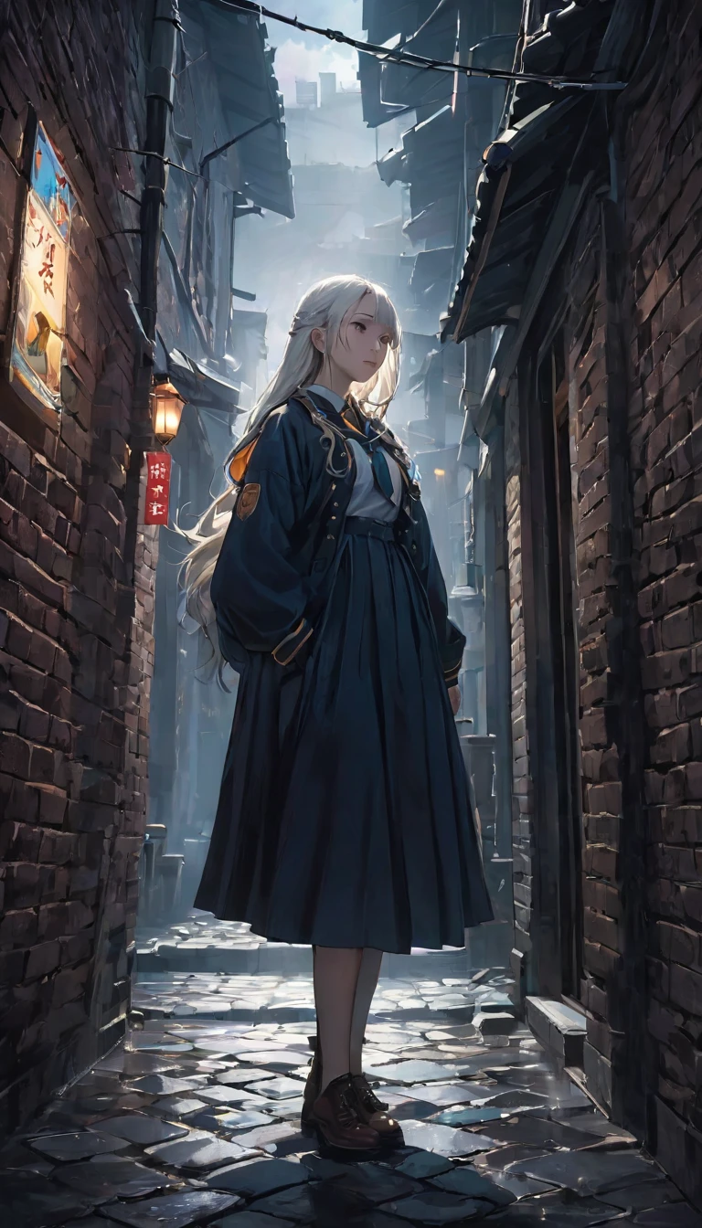 (Front focus),(in the darkness:1.6), ,大卫·霍克尼和阿尔丰斯·穆夏的超Reality主义女性肖像,Fantasy Art, Reality, Dynamic Lighting, Art Station, poster, Volumetric Lighting, The face is rich in detail, 4,000 yen, Awards,, A girl, on the street, Sunlight in the distance,Brick and stone floor,look up,Deep Shadows, humble,Cowboy shooting,(Official uniform:1.4) ,Long hair,White hair,