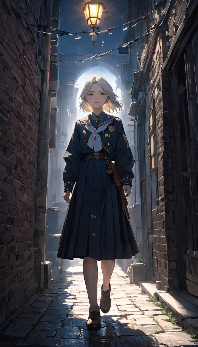 (Front focus),(in the darkness:1.6), 14 years old,大卫·霍克尼和阿尔丰斯·穆夏的超Reality主义女性肖像,Fantasy Art, Reality, Dynamic Lighting, Art Station, poster, Volumetric Lighting, The face is rich in detail, 4,000 yen, Awards,, A girl, on the street, Sunlight in the distance,Brick and stone floor,look up,Deep Shadows, humble,Cowboy shooting,(Official uniform:1.4) ,Long hair,White hair,