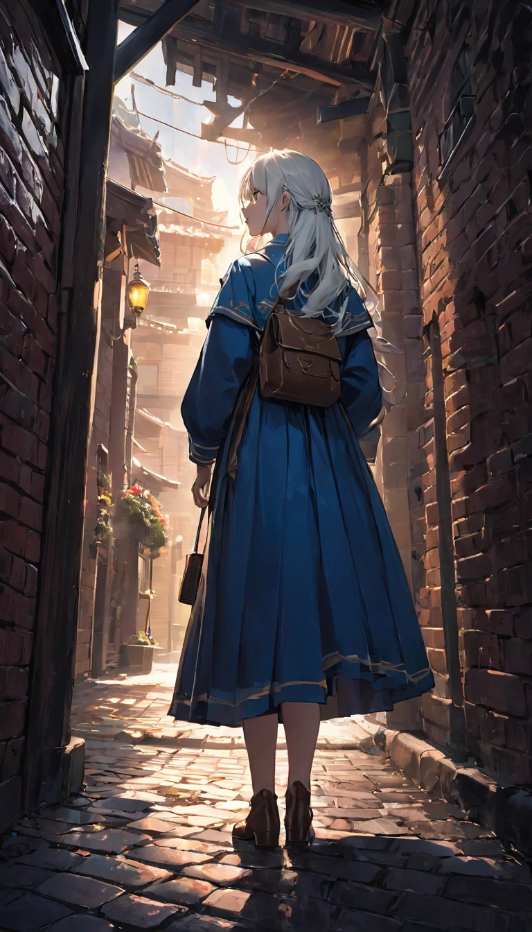 (Front focus),(in the darkness:1.6), 14 years old,大卫·霍克尼和阿尔丰斯·穆夏的超Reality主义女性肖像,Fantasy Art, Reality, Dynamic Lighting, Art Station, poster, Volumetric Lighting, The face is rich in detail, 4,000 yen, Awards,, A girl, on the street, Sunlight in the distance，Brick and stone floor，look up，Deep Shadows, humble,Cowboy shooting,(Official uniform:1.4) ,Long hair,White hair,