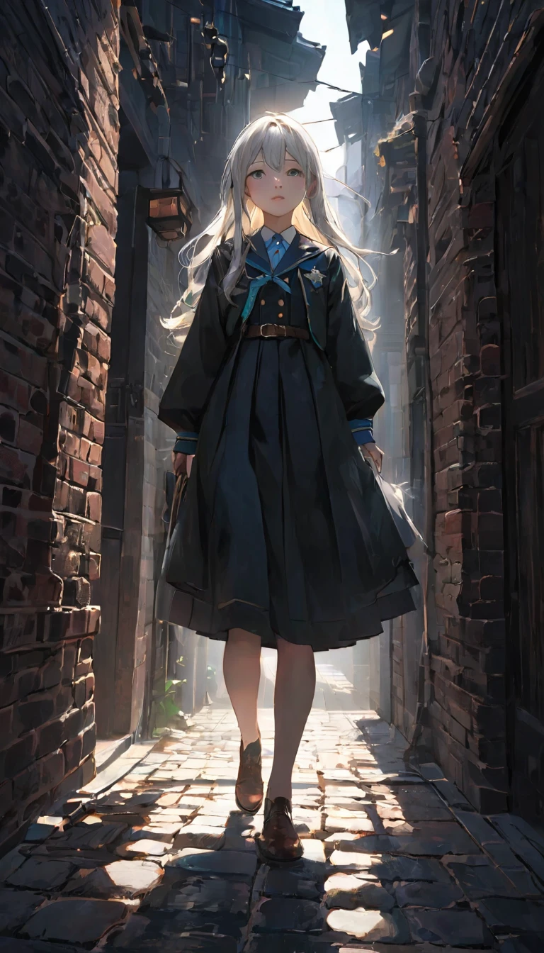 (Front focus),(in the darkness:1.6), 14 years old,大卫·霍克尼和阿尔丰斯·穆夏的超Reality主义女性肖像,Fantasy Art, Reality, Dynamic Lighting, Art Station, poster, Volumetric Lighting, The face is rich in detail, 4,000 yen, Awards,, A girl, on the street, Sunlight in the distance，Brick and stone floor，look up，Deep Shadows, humble,Cowboy shooting,(Official uniform:1.4) ,Long hair,White hair,