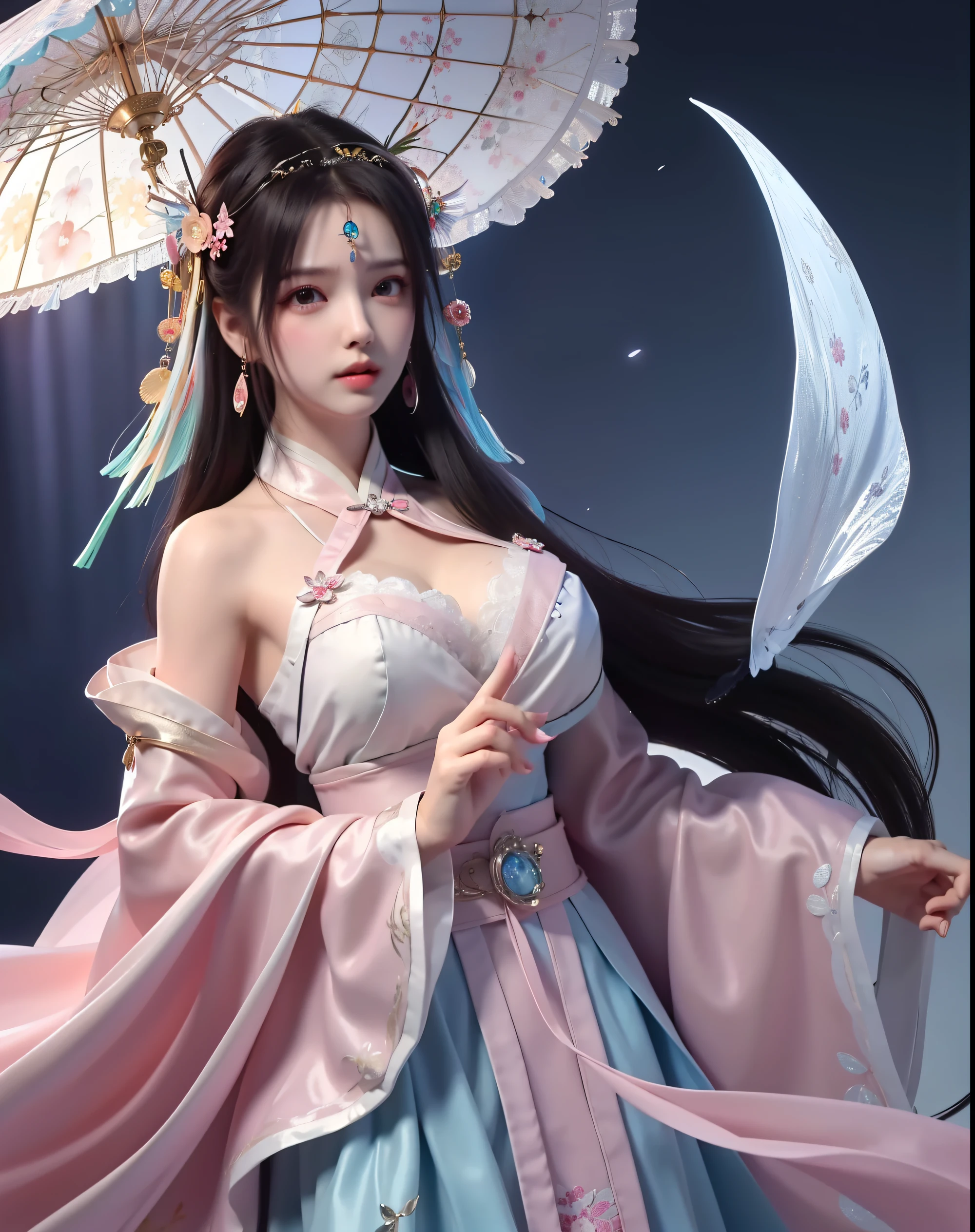 (8k, RAW photo:1.2), best quality, ultra high res,dramatic angle,(fluttered detailed color splashs), (illustration),(((1 girl))),(long hair),(rain:0.9), (Headdress:1.4),There is an ancient palace beside the girl,Hanfu,(Key Points),Color ink painting,(Splash of Color),Splash of Color,(((colorful))),(sketch:0.8) , Masterpiece, best quality, beautiful painted, highly detailed,(denoising:0.6),[splash ink],((ink refraction)), (beautiful detailed sky),moon,highly,detaild,(masterpiece, best quality, extremely detailed） CG Unity 8k Wallpaper，masterpiece，best quality，Ultra Detailed），（Lycoris）. hanfu open v open V-chested clothes Thin silk lace dress , (huge ，cleavage),, white pinkand gren，best qualtiy，tmasterpiece，Ultra-high resolution，（Reality：1.4），RAW photogr，（True skin texture：1.3），（filmgrain：1.3），（Selfie angle），1个Giant Breast Girl，Beautiful eye and face details，tmasterpiece，Best quality at best，，The chest more exposed， detailed hair, bra pink , detail 8k, upper body, lace petticoat