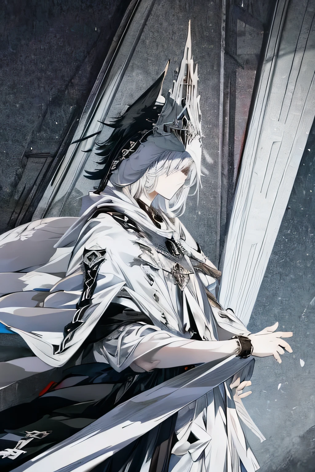 1 boy, (masterpiece, best quality), (anime), (scales of justice), white hood, black mask, white robes, intricate details, dramatic lighting, cinematic composition, chiaroscuro, moody atmosphere, epic fantasy, ethereal, surreal