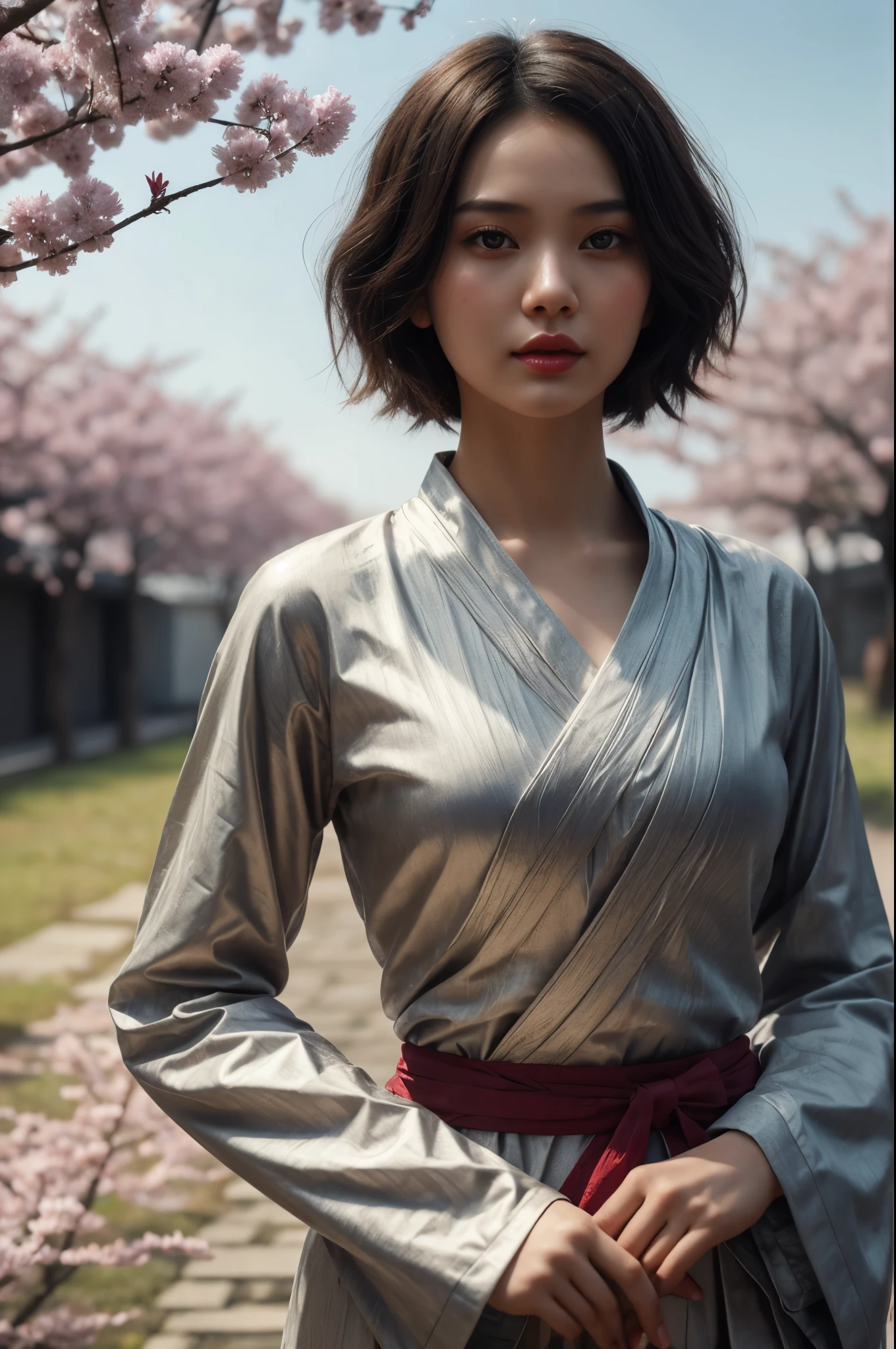 beautiful japanese young woman, wearing hazmat suit  made of silver, thick symmetrical features, very short hair, background is cherry blossoms, pink aura, red lips, octane render,