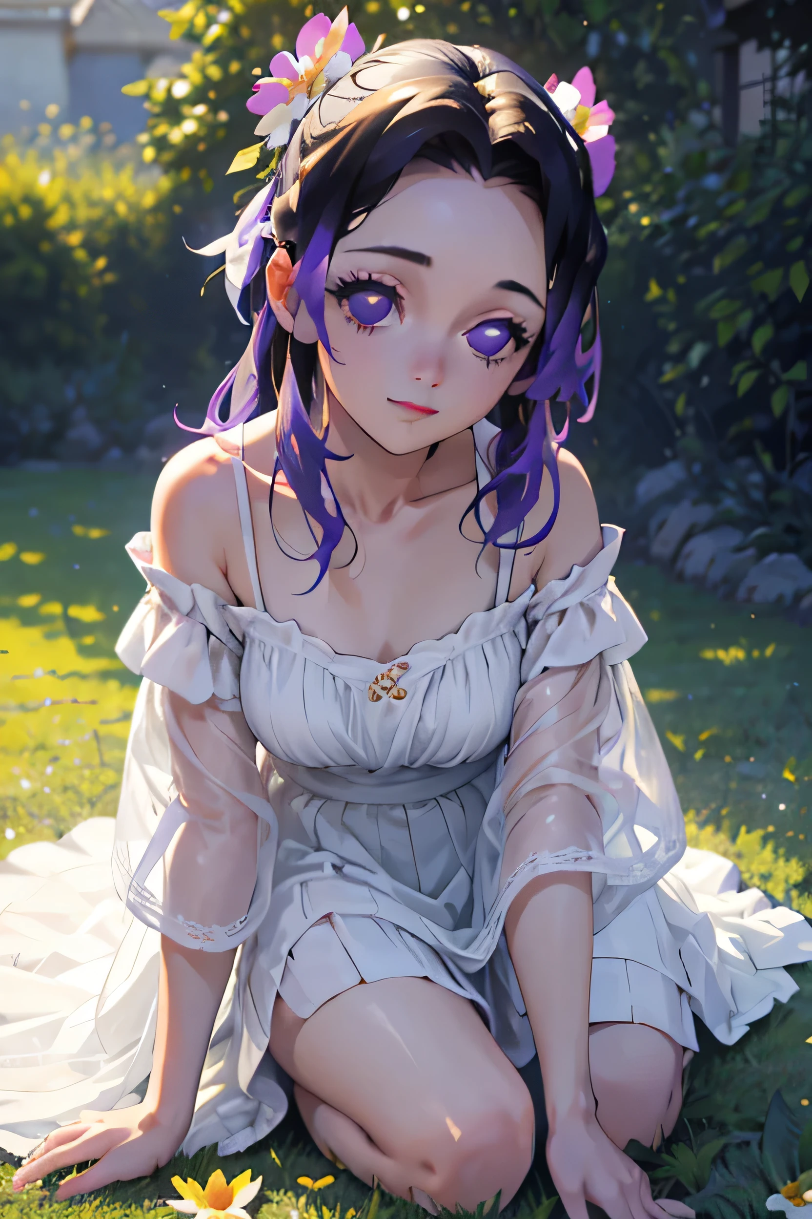 Highest quality, masterpiece, Ultra-high resolution, (Realistic:1.4), RAW Photos, One girl, White Dress, Off the shoulder, Flower Field, Glowing Skin, A light smile, The best quality at its best，very vey very detailed 顔，very detailed eyes and 顔s，Very fine grain，kochou shinobu，Multicolored Hair，No bangs，Hair Intake，Purple eyes，amount