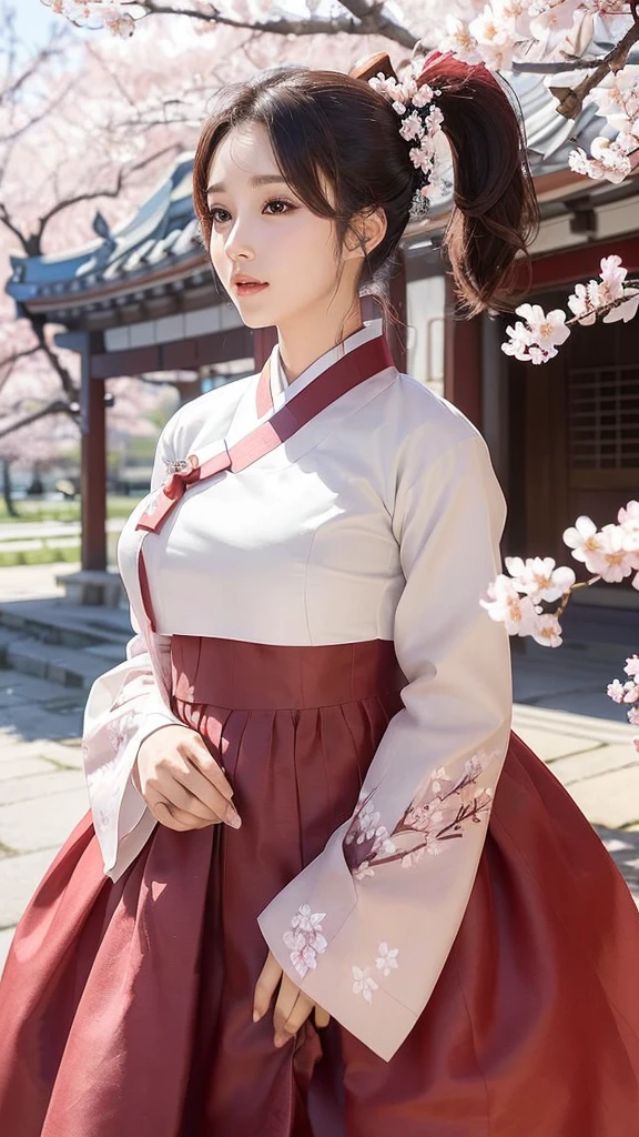 (best quality, 8k, masterpiece: 1.3), ((((((Incredibly huge breasts: 0.8))))), single ponytail, (beautiful face:1.3), Cherry blossoms are in full bloom, full of cherry blossoms, floating cherry blossom petals, very cool, Authentic Korean Hanbok