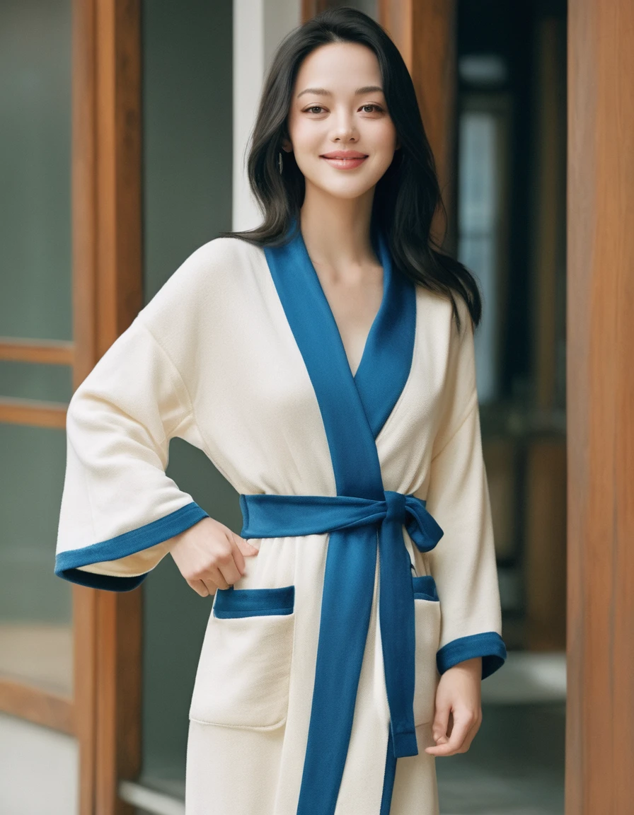 Ultra-Realistic photo of a gorgeous young cute Asian woman, beauty long and slender Japanese girls face, bright glowing skin, Asian eyes winged, happy smiling, long straight black hair, still from the film, ((solo)), ((Marion Cotillard look alike face: 0.7)), (masterpiece:1.0), (highest quality:1.12), (HDR:1.0), A beautiful woman with blond hair and blue eyes in a bathrobe looks emotionally into the camera. She has star-like looks. She is 25years old. She has a model-like face and a model-like figure. Snow-white skin, loose and very long hair, Asian Internet celebrity face, and a figure of 1.9 meters., Leica SL3, Summicron-SL 75 f/2 ASPH, kodak gold 200 film, hands up, dynamic action pose