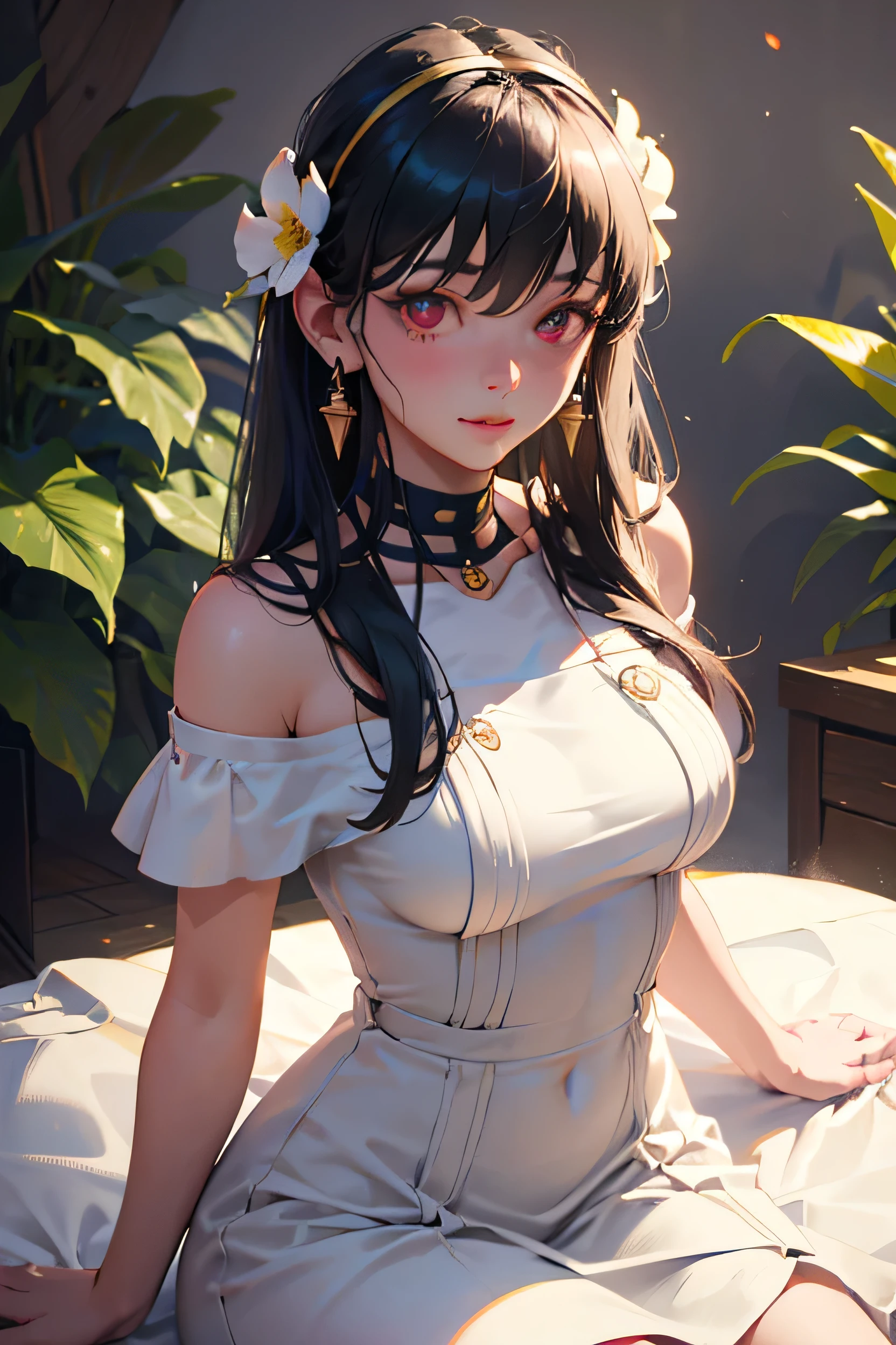 Highest quality, masterpiece, Ultra-high resolution, (Realistic:1.4), RAW Photos, One girl, White Dress, Off the shoulder, Flower Field, Glowing Skin, A light smile, The best quality at its best,very vey very detailed 顔,very detailed eyes and 顔s,Very fine grain,Yor briar,Red eyes, Beautiful long hair, Tie your hair neatly, thin, thin脚, Gold earrings, choker,