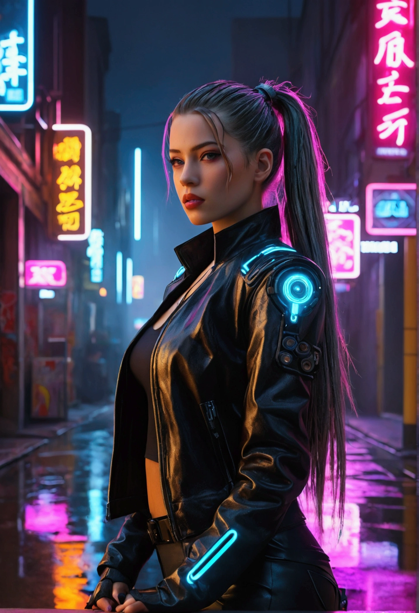 (Highest quality,4K,8k,High resolution,masterpiece:1.2),Very detailed,(Female protagonist,Cyberpunk Style,Beautiful attention to detail,Beautiful lip detail,Futuristic Neon Bike,Shining neon lights , glowing neon eyes, Neon glowing lips,Super long hair ponytail,urban landscape background,Vibrant colors,Portraiture,sf,Sharp focus,Physically Based Rendering,Glossy metallic texture,Strong contrast,Edgy Clothing,Dark Alley,Graffiti art,Street art elements,High-tech equipment,urban environment,Night Scenery,rain,Blurred romantic light,The aesthetics of the decline of the city,An exciting atmosphere,Smoke and fog effects,Dynamic pose.