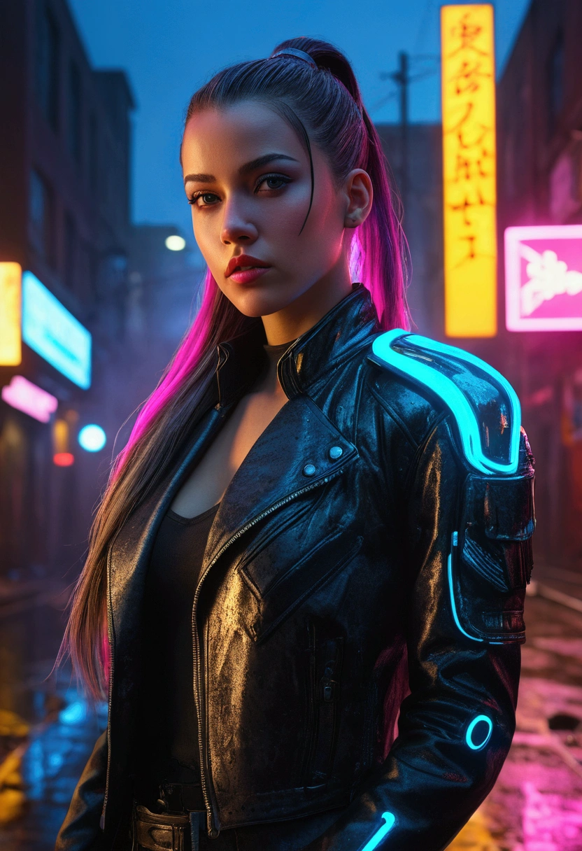 (Highest quality,4K,8k,High resolution,masterpiece:1.2),Very detailed,(Female protagonist,Cyberpunk Style,Beautiful attention to detail,Beautiful lip detail,Futuristic Neon Bike,Shining neon lights , glowing neon eyes, Neon glowing lips,Super long hair ponytail,urban landscape background,Vibrant colors,Portraiture,sf,Sharp focus,Physically Based Rendering,Glossy metallic texture,Strong contrast,Edgy Clothing,Dark Alley,Graffiti art,Street art elements,High-tech equipment,urban environment,Night Scenery,rain,Blurred romantic light,The aesthetics of the decline of the city,An exciting atmosphere,Smoke and fog effects,Dynamic pose.