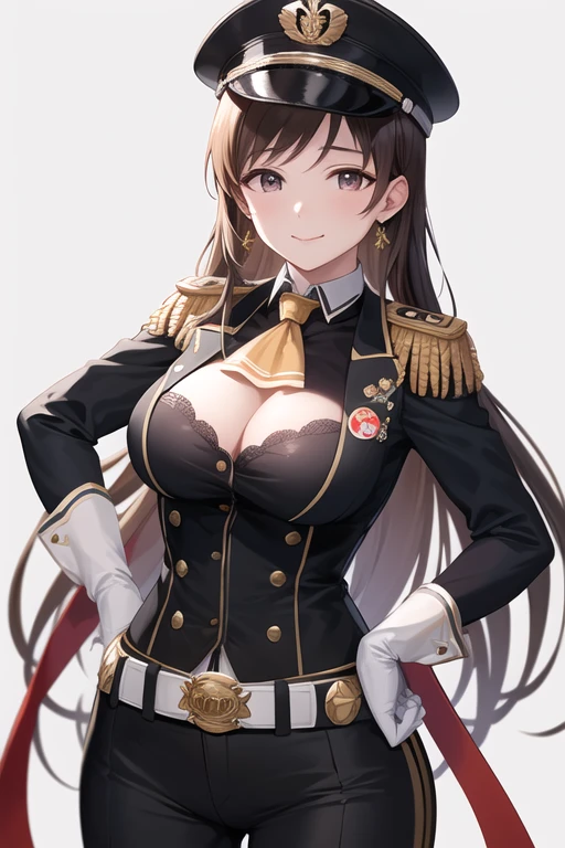 masterpiece, best quality, highres, aanitta, (very long hair), (black peaked cap), earrings, big breasts, cleavage, muscular body, military uniform, epaulettes, badges, (black shirt:1.2), (gold trim), (bulletproof vest), (red ascot), black sleeves, long sleeves, (black pants), utility belt, (belt pouches), cargo pants, (white gloves), cowboy shot, standing, smile, closed mouth, facing the viewer, looking at the viewer, simple white background