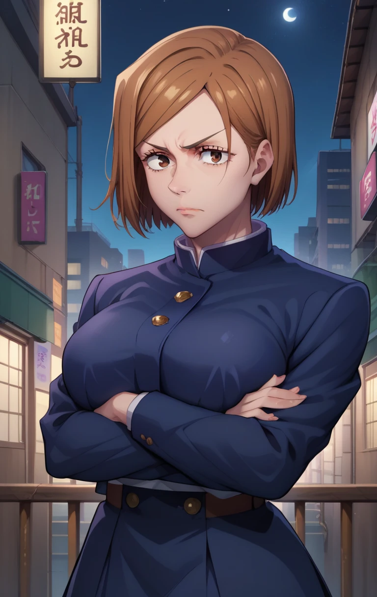 score_9, score_8_up, score_7_up, score_9,  BREAK kugisaki nobaraXL, 1girl, solo, breasts, looking at viewer, short hair, bangs, skirt, large breasts, brown hair, long sleeves, brown eyes, closed mouth, , jacket, night, crossed arms, blue jacket, building, city, gakuran, arms under breasts, kugisaki nobara, cowboy shot