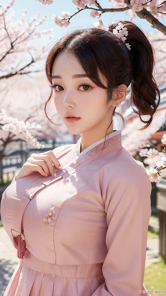 (best quality, 8k, masterpiece: 1.3), ((((((Incredibly huge breasts: 0.8))))), single ponytail, (beautiful face:1.3), Cherry blossoms are in full bloom, full of cherry blossoms, floating cherry blossom petals, very cool, Authentic Korean Hanbok