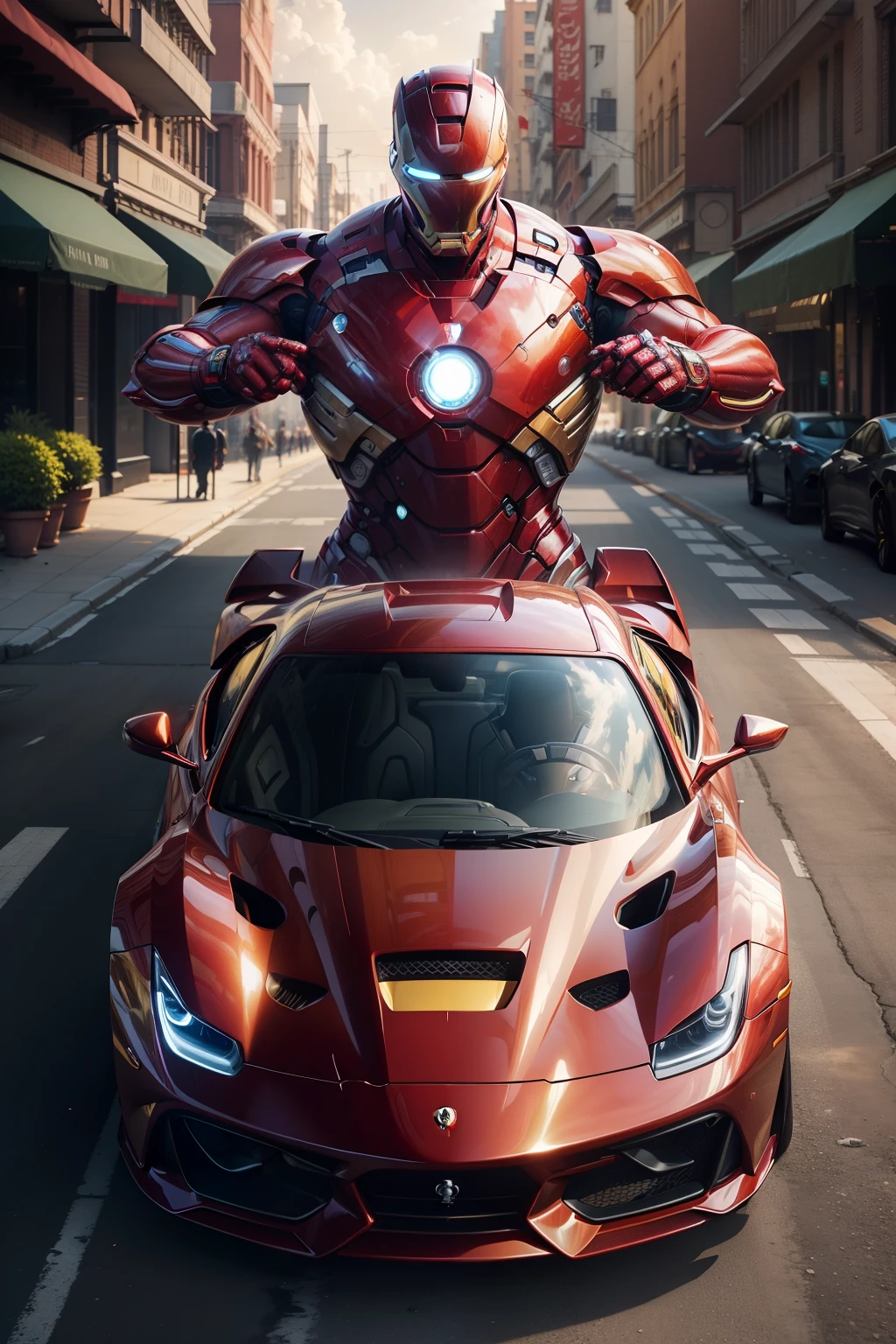 Iron Man is a Ferrari car, Iron Man is a Ferrari car, Your car becomes Iron Man, image, photograph, Iron Man transforms into a Ferrari, Iron Man becomes a Ferrari, whole body, alone, 完璧なphotograph, detailed, Realistic, Perfect Hulk, Ultra-high resolution, (realism: 1.4), オリジナルphotograph, Highest quality, masterpiece, Cinematic Experience, Background and Future City,