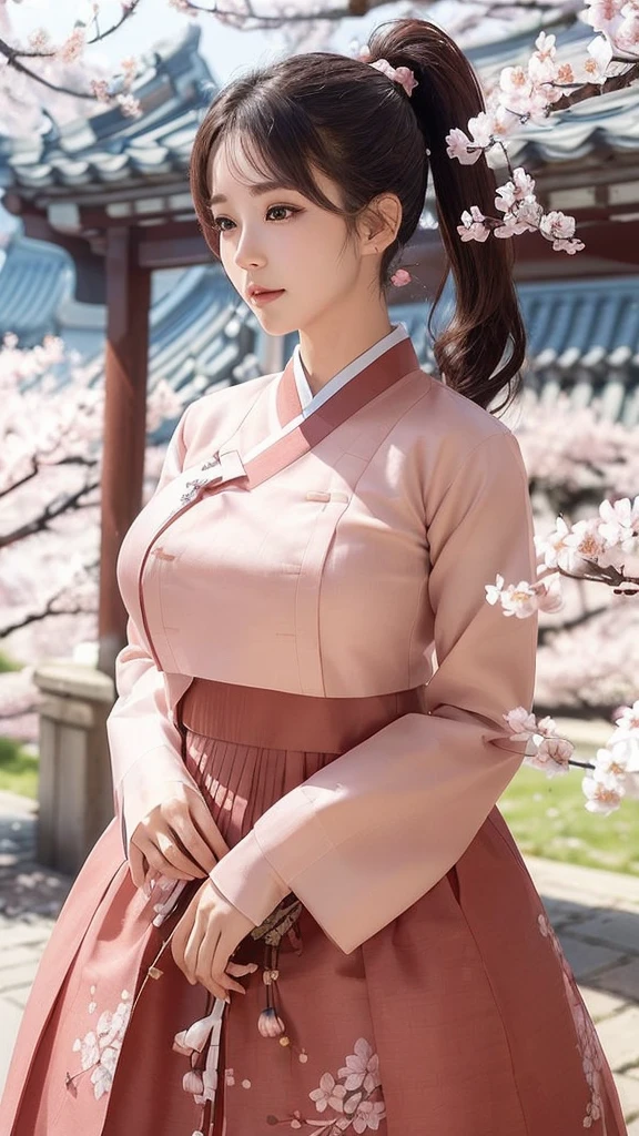 (best quality, 8k, masterpiece: 1.3), ((((((Incredibly huge breasts: 0.8))))), single ponytail, (beautiful face:1.3), Cherry blossoms are in full bloom, full of cherry blossoms, floating cherry blossom petals, very cool, Authentic Korean Hanbok