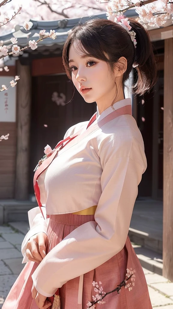 (best quality, 8k, masterpiece: 1.3), ((((((Incredibly huge breasts: 0.8))))), single ponytail, (beautiful face:1.3), Cherry blossoms are in full bloom, full of cherry blossoms, floating cherry blossom petals, very cool, Authentic Korean Hanbok