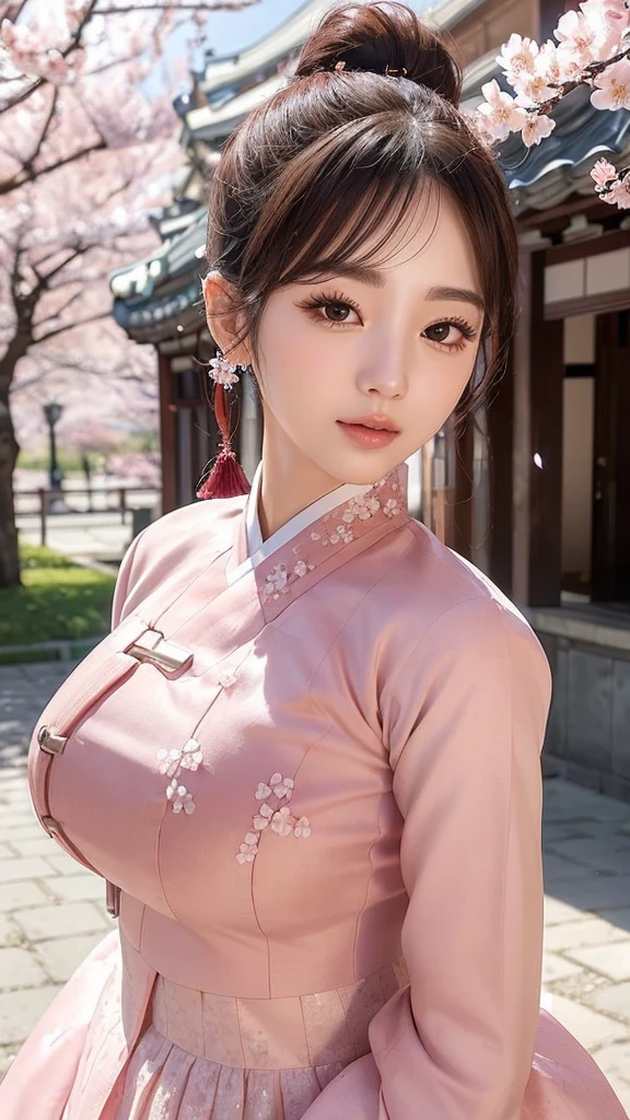 (best quality, 8k, masterpiece: 1.3), ((((((Incredibly huge breasts: 0.8))))), single ponytail, (beautiful face:1.3), Cherry blossoms are in full bloom, full of cherry blossoms, floating cherry blossom petals, very cool, Authentic Korean Hanbok