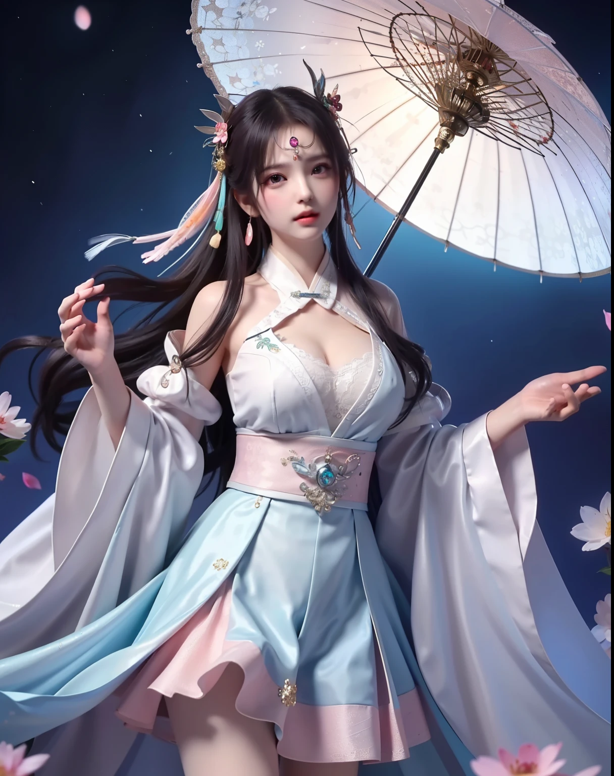 (8k, RAW photo:1.2), best quality, ultra high res,dramatic angle,(fluttered detailed color splashs), (illustration),(((1 girl))),(long hair),(rain:0.9), (Headdress:1.4),There is an ancient palace beside the girl,Hanfu,(Key Points),Color ink painting,(Splash of Color),Splash of Color,(((colorful))),(sketch:0.8) , Masterpiece, best quality, beautiful painted, highly detailed,(denoising:0.6),[splash ink],((ink refraction)), (beautiful detailed sky),moon,highly,detaild,(masterpiece, best quality, extremely detailed） CG Unity 8k Wallpaper，masterpiece，best quality，Ultra Detailed），（Lycoris）. hanfu open v open V-chested clothes Thin silk lace dress , (huge ，cleavage),, white pinkand gren，best qualtiy，tmasterpiece，Ultra-high resolution，（Reality：1.4），RAW photogr，（True skin texture：1.3），（filmgrain：1.3），（Selfie angle），1个Giant Breast Girl，Beautiful eye and face details，tmasterpiece，Best quality at best，，The chest more exposed， detailed hair, bra pink , detail 8k, upper body, lace petticoat
