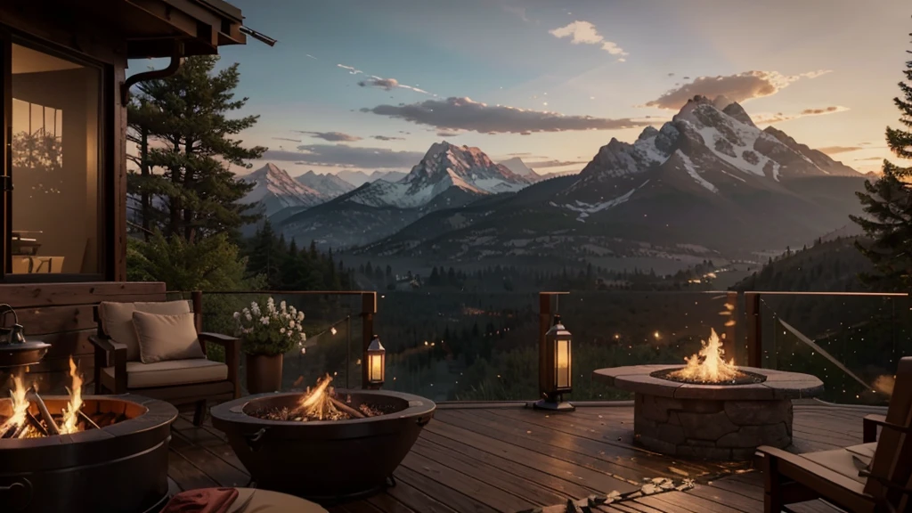 there is a fire pit on a deck with a view of the mountains, unreal engine ; romantic theme, warm beautiful scene, unreal 5 engine rendered, unreal 6 breathtaking detailed, unreal engine highly rendered, rendered in unreal 5, beautiful detailed scene, unreal engine screenshot, highly detailed scene, realistic unreal engine 3 d game, unreal engine rendered, detailed scene, cozy environment