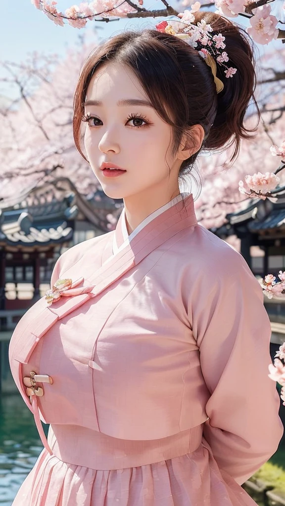 (best quality, 8k, masterpiece: 1.3), ((((((Incredibly huge breasts: 0.8))))), single ponytail, (beautiful face:1.3), Cherry blossoms are in full bloom, full of cherry blossoms, floating cherry blossom petals, very cool, Authentic Korean Hanbok