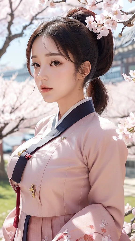 (best quality, 8k, masterpiece: 1.3), ((((((Incredibly huge breasts: 0.8))))), single ponytail, (beautiful face:1.3), Cherry blossoms are in full bloom, full of cherry blossoms, floating cherry blossom petals, very cool, Authentic Korean Hanbok