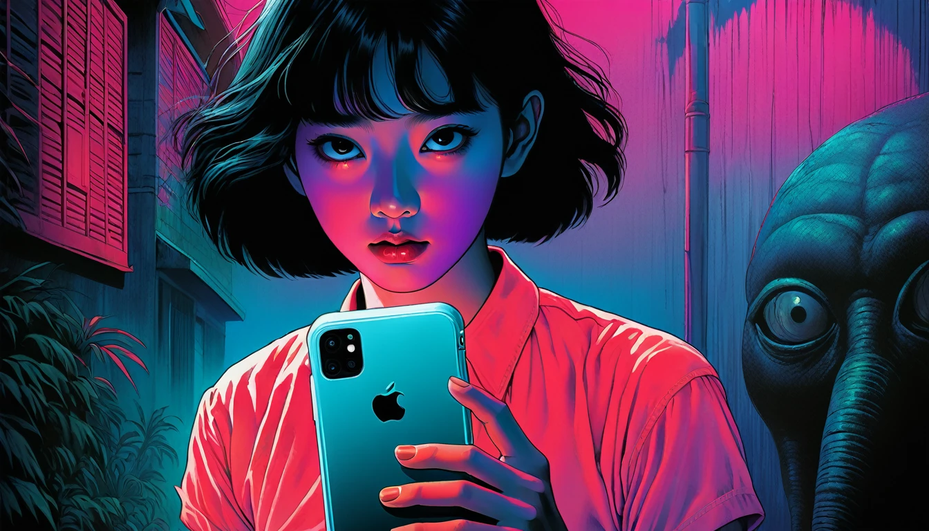 An illustration、art、80s Thai horror movie poster, Supervised by Junji Ito、(smartphone:1.2)、High 、Attention to detail, Realistic Shadows、Analog Style, chromatic aberration, Surrealism、Complementary Gradient