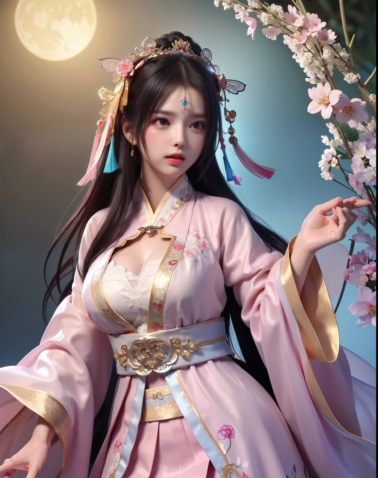 (8k, RAW photo:1.2), best quality, ultra high res,dramatic angle,(fluttered detailed color splashs), (illustration),(((1 girl))),(long hair),(rain:0.9), (Headdress:1.4),There is an ancient palace beside the girl,Hanfu,(Key Points),Color ink painting,(Splash of Color),Splash of Color,(((colorful))),(sketch:0.8) , Masterpiece, best quality, beautiful painted, highly detailed,(denoising:0.6),[splash ink],((ink refraction)), (beautiful detailed sky),moon,highly,detaild,(masterpiece, best quality, extremely detailed） CG Unity 8k Wallpaper，masterpiece，best quality，Ultra Detailed），（Lycoris）. hanfu open v open V-chested clothes Thin silk lace dress , (huge ，cleavage),, white pinkand gren，best qualtiy，tmasterpiece，Ultra-high resolution，（Reality：1.4），RAW photogr，（True skin texture：1.3），（filmgrain：1.3），（Selfie angle），1个Giant Breast Girl，Beautiful eye and face details，tmasterpiece，Best quality at best，，The chest more exposed， detailed hair, bra pink , detail 8k, upper body, lace petticoat