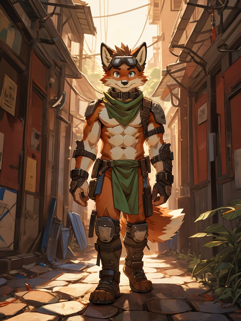 teenager毛茸茸, Solitary, hairy, teenager, red fox, Brown spiky hair on the head, collar, Brown eyes, goggles, Green loincloth, green scarf, Elbow pads, Knee pads, masterpiece, No muscles, Detailed hands, Delicate face, Delicate eyes, Detailed body, flat body, Skinny, paw, high resolution, Metal cuffs on wrists, Metal cuffs on ankles, No shirt, No underwear,，Shirtless，Naked waving