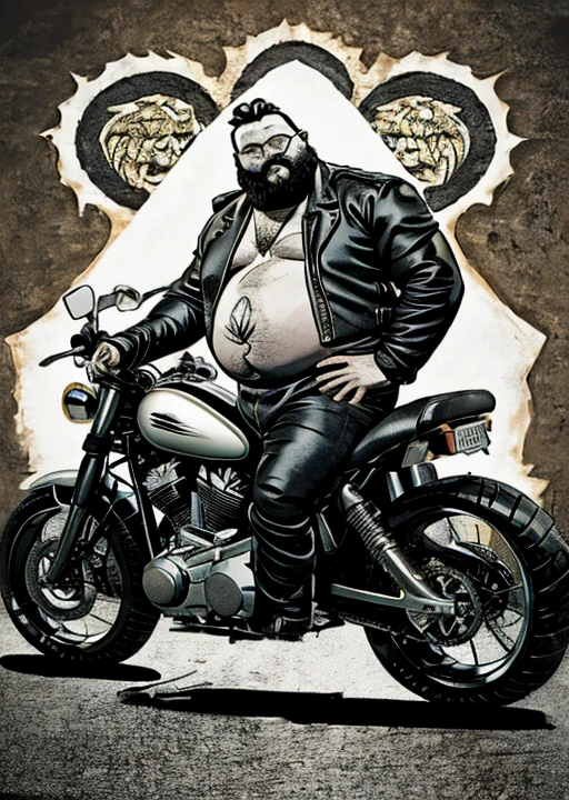 Just plump, chubby, extremely thick thighs, large belly, fat, long beard, huge long beard, full body tattoos full body photography full body image, They don't wear clothes, firing , naturists, just unbuttoned black leather biker jacket, Welcome to the world of Harley Bikers, where the culture of choppers and easy riders come together in a brotherhood of men who find their passion for motorcycles a form of freedom and personal expression