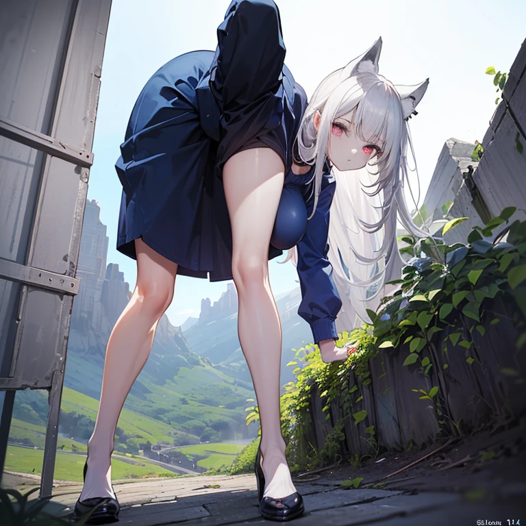 Girl, light blue hair, long hair down to her waist, animal ears, blue right eye, green left eye, slightly erotic skirt, black hoodie that shows her waist, long heeled boots that reach down to her knees, bandage around her neck, blushing, in the forest