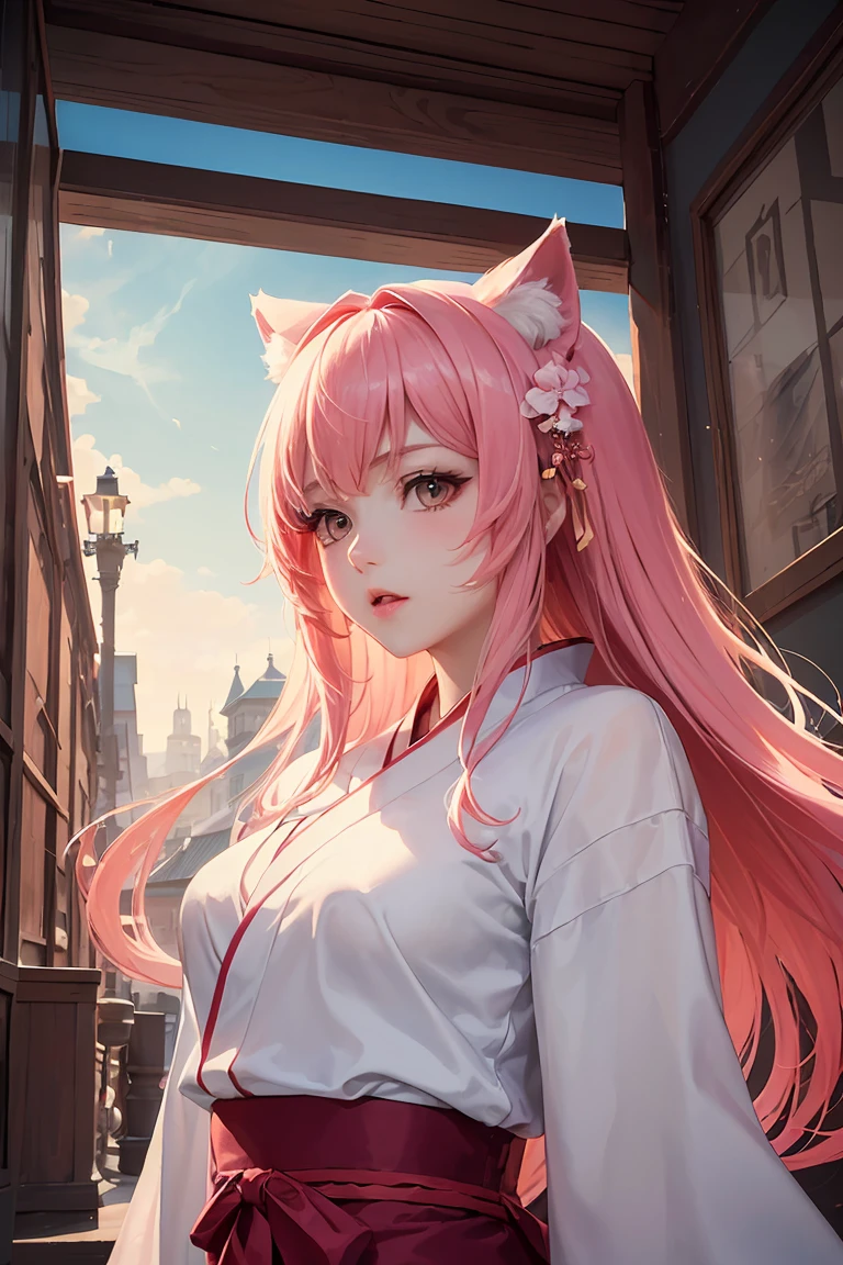 (score_9,score_8_up,score_7_up,score_6_up,score_5_up,score_4_up),(masterpiece, top quality, best quality, official art, beautiful and aesthetic:1.2), animation,, 1girl with cat ear and pink hair, (hanfu:1.2) ,