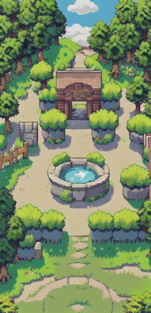 (masterpiece, Highest quality, Highest quality), pixel,pixel art, wood, Outdoor, No humans, Grass, scenery, Day, flower, Bush, Pool, cloud, rock, nature, building, fence, Clay pot, wood造住宅,