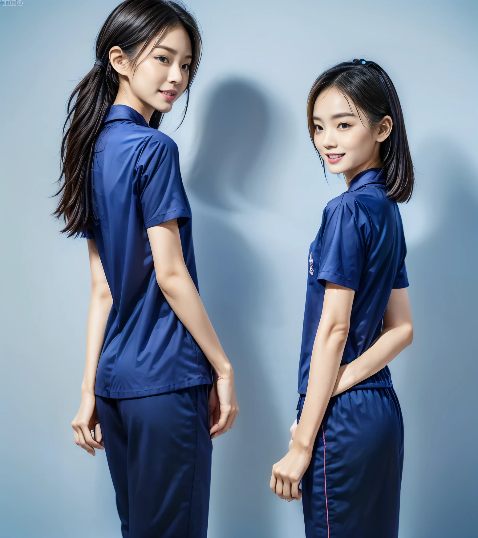(best quality,10,10,height,Masterpiece:1.2),Special details,(realistic,ภาพrealistic,Realistic photos:1.37),1 Cute girl in the kitchen,shiny, ผิวshiny,only,smile softly,BDclothelue shirt:1.3)),short sleeve,shirt, กางเกงขาlong.,(navy_long_track pants:1.1), ((Kitchen Background)),Dynamic angle,excited,Face focus,dynamic poses,from behind,focus on ass,Masterpiece, best quality, ultra realistic, hyper detail, 8k resolution, raw photos, Sharp focus, ((Navy blue shirt:1.1)), short sleeve, เส้นทางlong, perfect body, 2 mature women, 18 years old, Cinema-grade lighting system,blue sweatpants,shirtผ้าออกกำลังกาย,correct anatomy,perfect body, correct body, Sharp face, correct bodyทางกายวิภาค, full body, realistic gestures, long-haired, realistic poses,Wear long shorts...........................,ช่วงขาlong,Good shape,carved girl, Slender figure, model, Good shape, beautiful body,blue sweatpants, two girls kissing