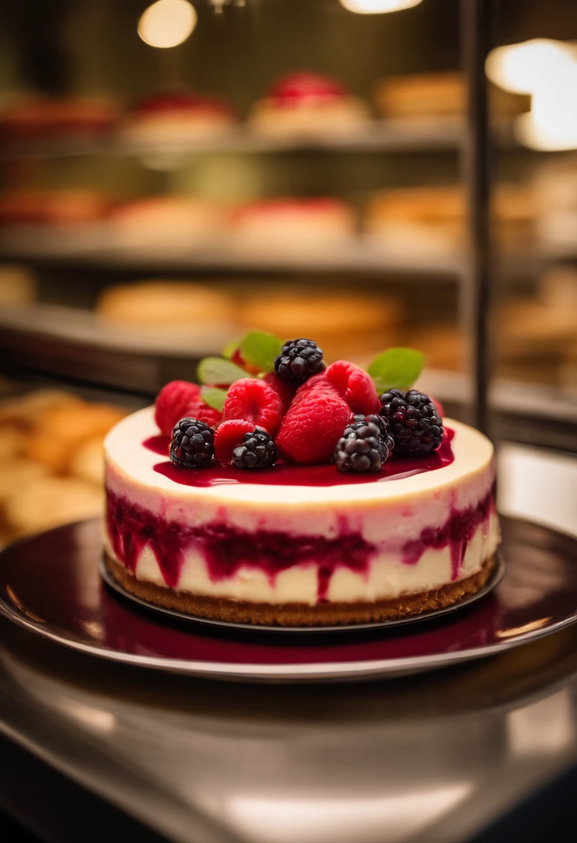 Red fruit cheesecake on a pastry counter; display of berry cheesecake in the confectionery shop; 8k; best photographer in the world; photography for food exhibition; product marketing; delicious cheesecake; maximum reality; perfection from the best confectioner in the world;