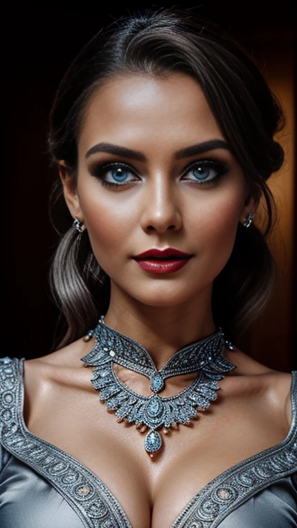 UHD, masterpiece, anatomically correct, Super detailed, surrealism, gray hair, beautiful female model, smooth skin, (Victorian style maxi dress with intricate embellishments), necklace, ring accessories, head piece, wavy hair, perfect face, beautiful face, charm, big and gorgeous eyes, blue eyes, red lips, dark makeup, glamorous body, (big ass), (wide hips), movie light effects