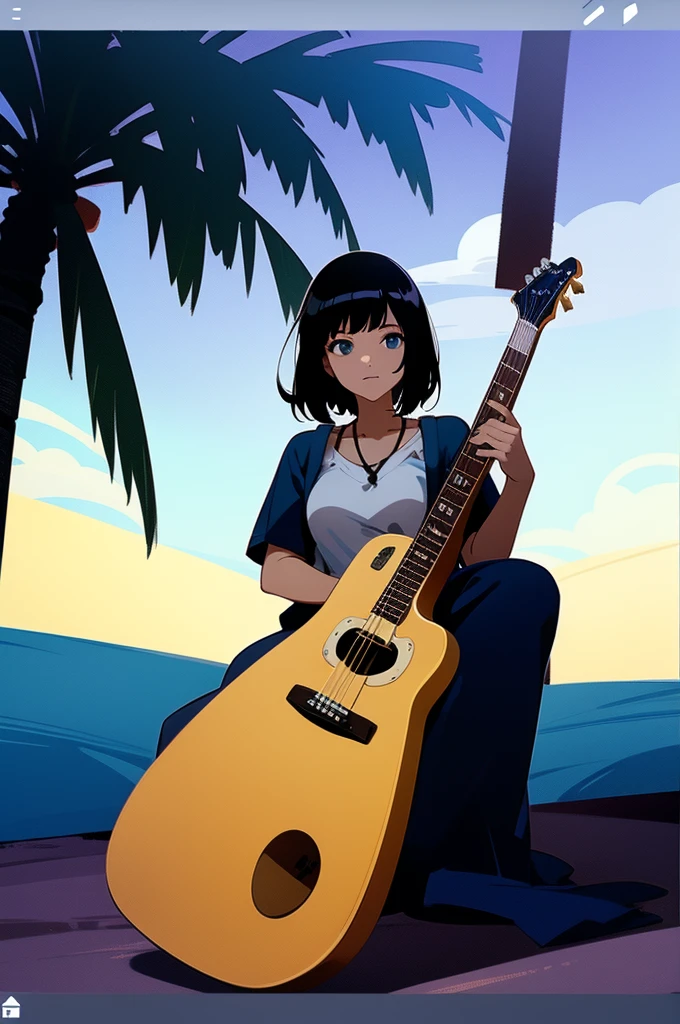 1 girl, sitting down with a guitar, background sitting next window, that shows LA with palm trees, music ablum.