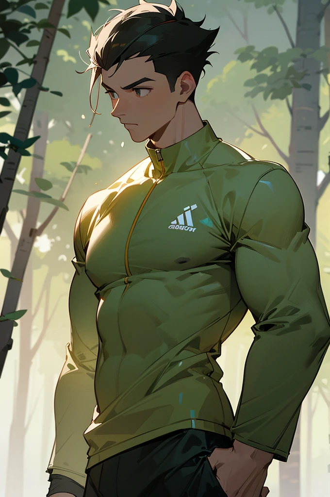 Draw a full-fledged athlete,Stand on the central field of the gym,He wears high-end sportswear,The man looks confident and determined,looking-down,Crew cut,full bodyesbian,cowboy shot, upper body, forest background