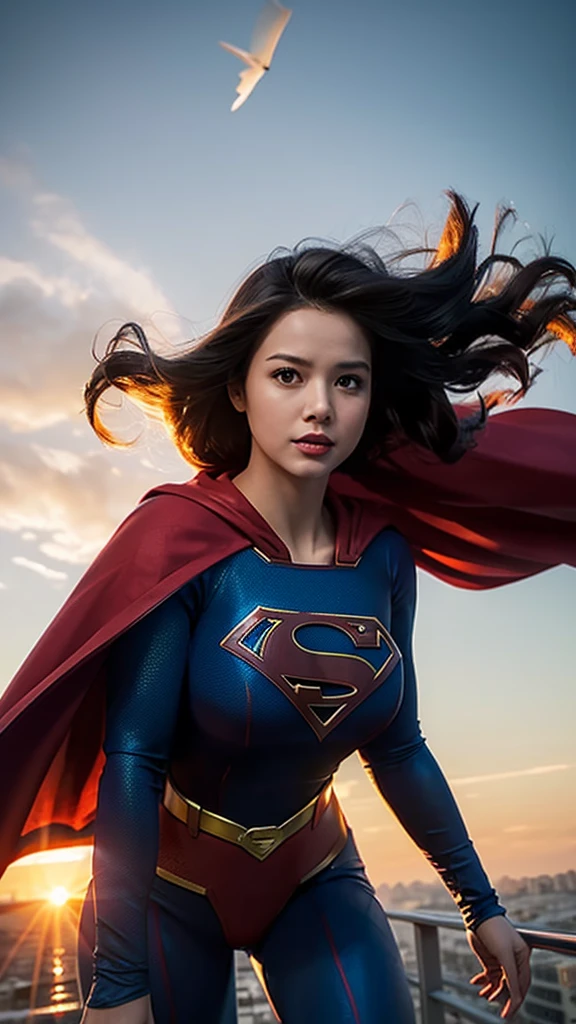 supergirl, dc comics, flying, sundown, view from below, long red cape