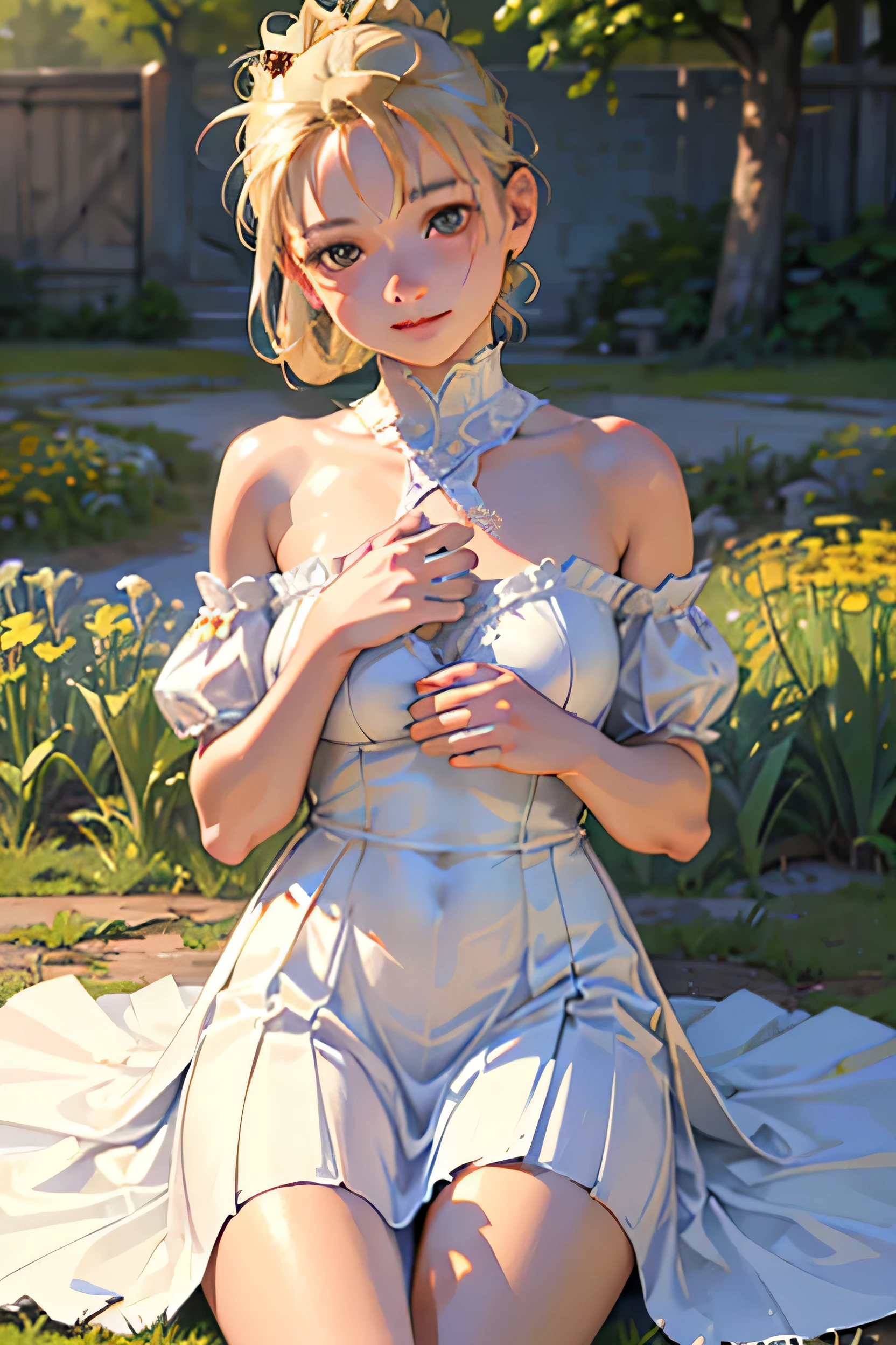 Highest quality, masterpiece, Ultra-high resolution, (Realistic:1.4), RAW Photos, One girl, White Dress, Off the shoulder, Flower Field, Glowing Skin, A light smile,The best quality at its best,very vey very detailed 顔,very detailed eyes and 顔s,Very fine grain,One Girl, Hamriz, Folded ponytail, Brown eyes, Mid-chest,